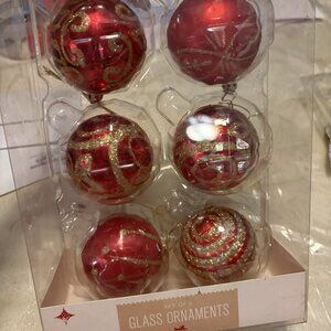 Set of 6 Red Glass Balls Christmas Ornaments New